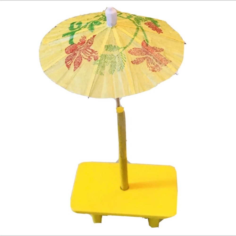 Vintage Doll Furniture Umbrella Patio Table Miniature Fits LPS Blythe Yellow 70s
